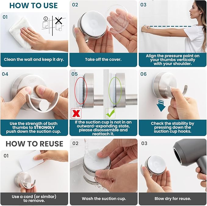 TAILI Stylish 304 Stainless Steel Bathroom Suction Hooks for Towel, Bathrobe, Loofah, No Damage Hanging Glass Shower Wall Hook, Patented Strong Suction Cup Holder, Hold Up to 11 Lbs, U-Cylinder Silver