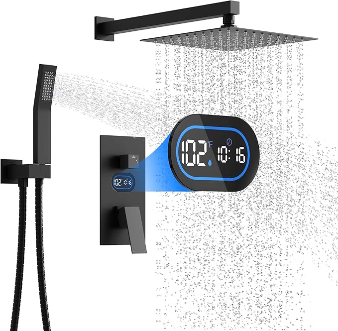 Shower Faucet Set with Hydro Power Temperature Display, Shower System Bathroom 12 Inches Shower Head with Handheld Spray, Wall Mounted Shower Fixtures with Shower Valve and Trim Kit, Matte Black