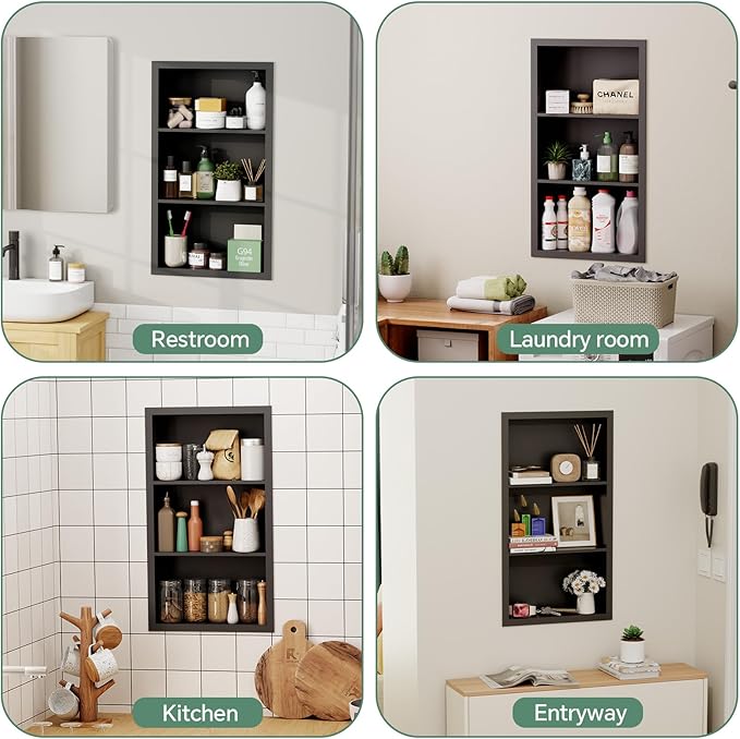 Stainless Steel Recessed Medicine Cabinet 14''*24'', Rust-Proof Metal Wall Niche, in Wall Shower Niche Shelf Insert Replacement, Recessed Medicine Cabinets for Drywall, Bathroom Storage, Black