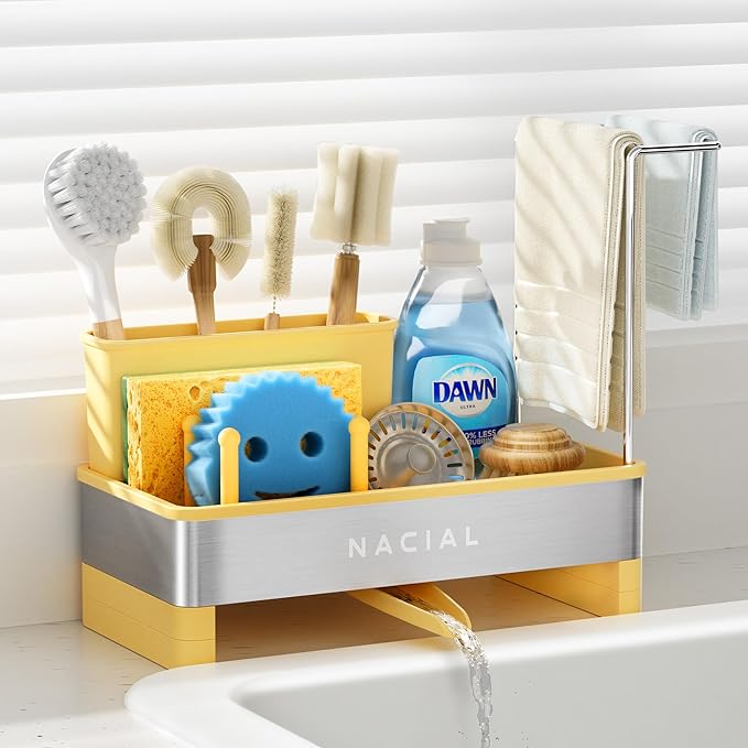 Nacial Sponge Holder for Kitchen Sink, Sink Caddy Organizer with High Brush Holder & Two Towel Racks - Rustproof 304 Stainless Steel Kitchen Countertop Storage Essentials - Yellow