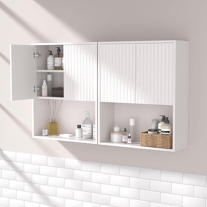 Fluted Bathroom Wall Cabinet Over The Toilet Storage,Wall Mounted Cabinet with Adjustable Shelf,Floating and Hanging Organizer,Kitchen and Laundry Room Storage (White-2 Pcs)