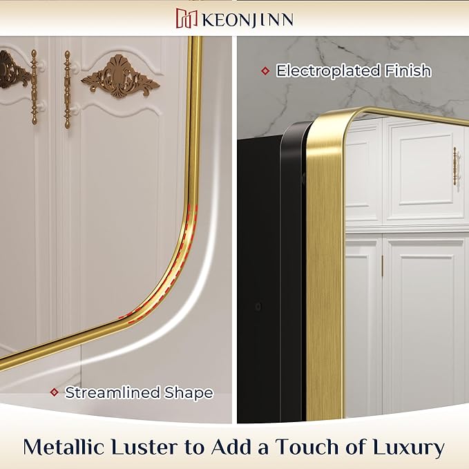 Keonjinn Gold Bathroom Medicine Cabinet with Mirror 16 x 24 Inch, Small Brushed Brass Medicine Cabinet, Stainless Steel Framed, Adjustable Shelves, Rounded Rectangular, Recessed or Surface Mount