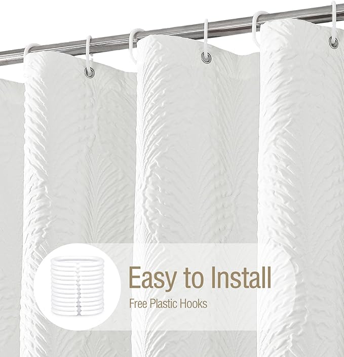 Gibelle Long Shower Curtain 72 x 78, Tall 3D Embossed Textured White Fabric Shower Curtain, Modern Farmhouse Chic Soft Cloth Bathroom Curtains Shower Set with Hooks