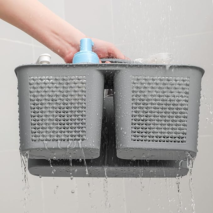 UUJOLY Plastic Portable Shower Caddy Bucket, Cleaning Shower Basket with Handle Compartments Storage Organizer for Bathroom Kitchen College Dorm Sink, Grey