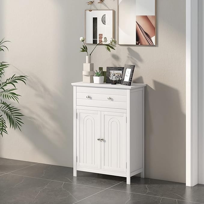 LOKO Bathroom Floor Cabinet, Kitchen Storage Cabinet with 1 Drawer, 2 Doors & 3-Position Adjustable Shelf, 2-Door Floor Storage Cabinet for Bathroom, Living Room, Entryway (White)