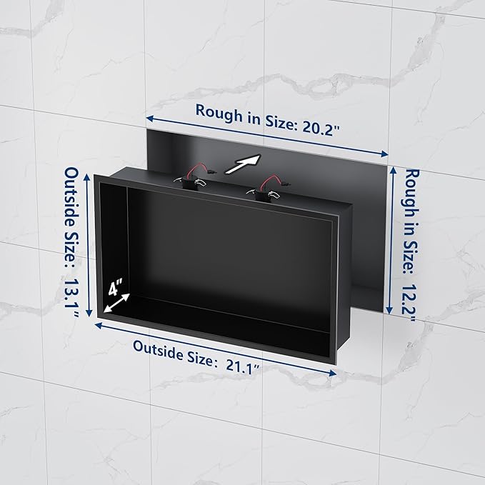 Neodrain 20X12Inch Shower Niche with Non-dimmable LED Downlight, Matte Black Wall Niche Stainless Steel Wall Niche NO Tile Needed Recessed Cubby for Bathroom Storage