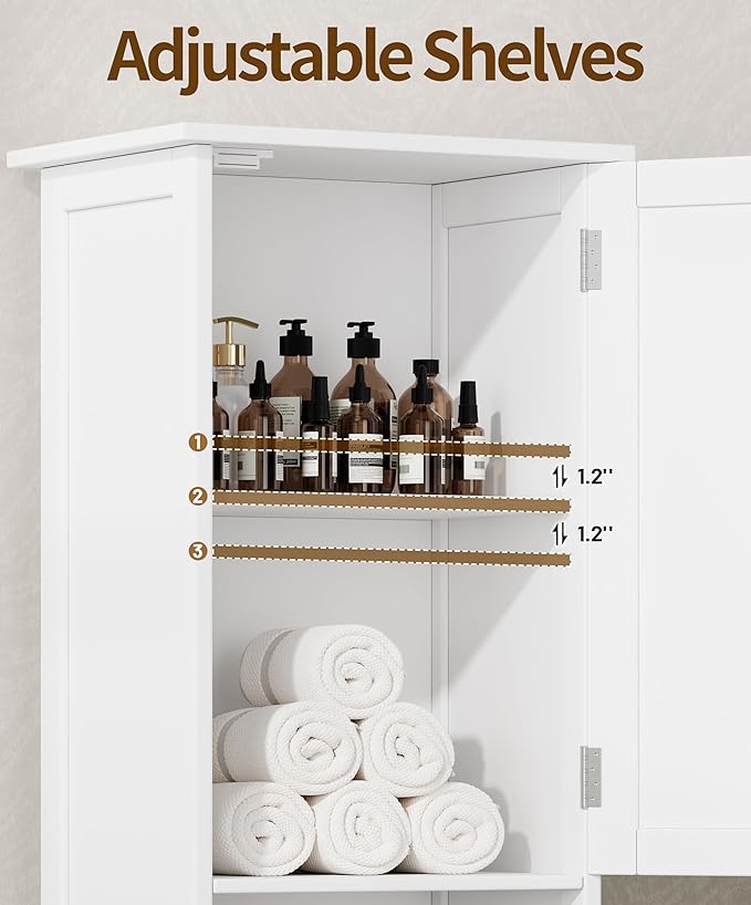 Akxoml Tall Bathroom Storage Cabinet with 2 Doors, 67" H Narrow Floor Cabinet with Adjustable Shelves and Drawer, Anti-Tip Design, 11.8 x 12.6 x 66.9 Inches, for Bathroom, Kitchen，Entryway, White