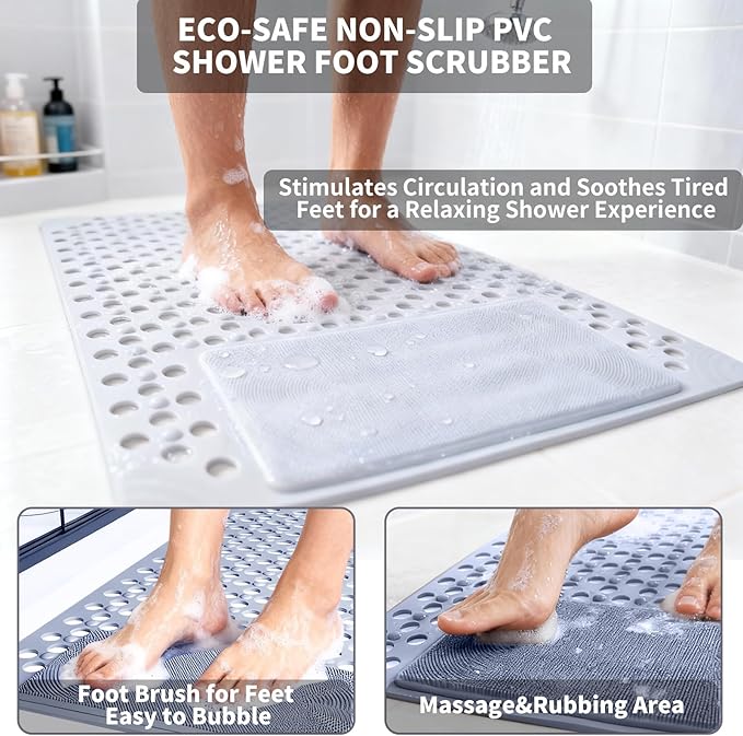 Bath Tub Shower Mat with Soft Shower Foot Scrubber Mat for Massage,Non Slip Bathtub Mat with Strong Suction Cups, Silicone Shower Foot Scrubber Mat (Dusty Blue, 31.5" X 19.7"(Rectangular))
