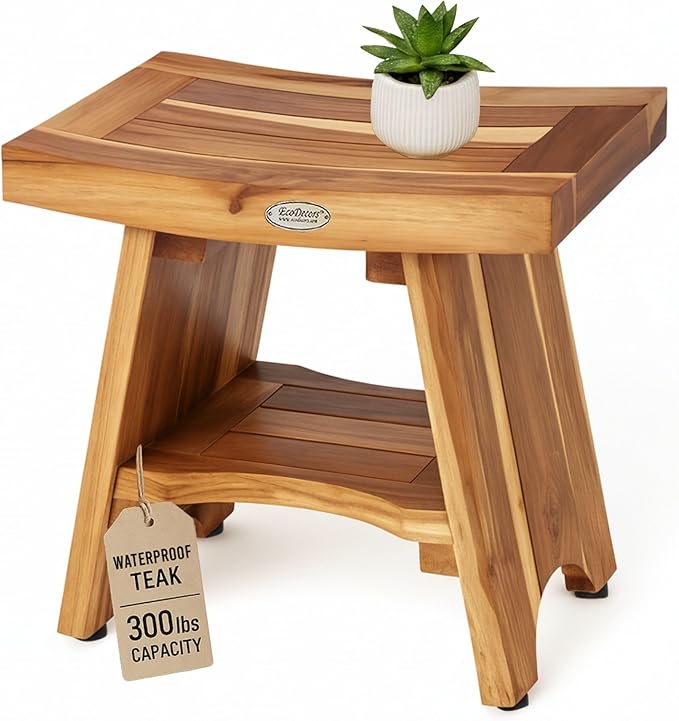 EcoDecors Teak Shower Bench with Shelf 18", 300 lb Capacity – Fully Assembled Waterproof Wood Spa Seating for Adults - Compact Fit for Small Bathrooms & Walk-in Showers - Slip-Resistant Feet