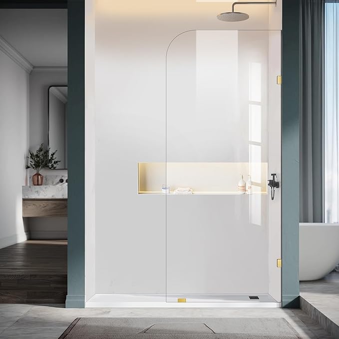 34" W ×74" H Shower Glass Panel, Frameless Bathroom Shower Door, Fixed Glass Shower Panel with Clamps, 5/16"(8mm) Thick Clear Tempered Shower Door in Brushed Gold