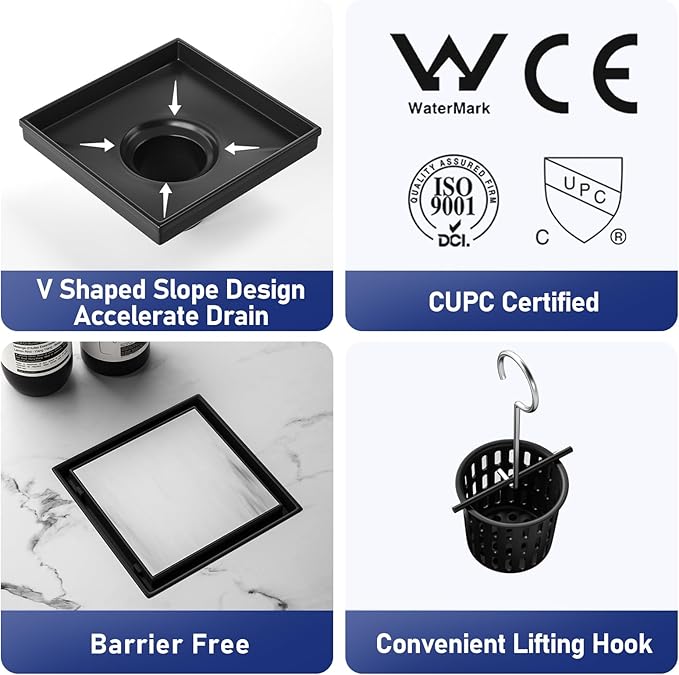 Square Shower Drain 6", Matte Black Floor Drain with Tiled Insert Grate & Hair Strainer, 304 Stainless Steel Bathroom 2-in-1 Tiled in Drain, CUPC Certified (Matte Black, 6'')