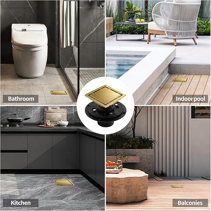 Hidden Brushed Square Shower Floor Drain, Gold 4 inch, 304 Stainless Steel, with Flange, Detachable Cover Embedded in Ceramic Tiles