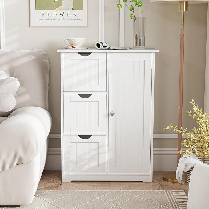 Tangkula Bathroom Floor Cabinet, Freestanding Storage Cabinet with 3 Drawers & Single Door, Adjustable Shelf, Multipurpose Bathroom Storage for Home Office, 23.5 x 12 x 32 Inches (3 Drawers, White)