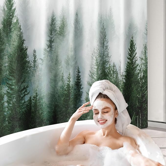 ORTIGIA Green Misty Forest Heavy Duty Shower Curtain for Bathroom, Nature Woodland Shower Curtain Set with Hooks, Decorative Pine Tree Fog Magic Bath Curtain for Home, 70x72