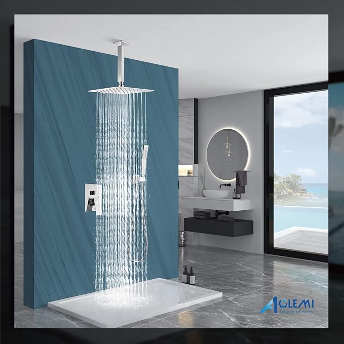 Aolemi Ceiling Mount Shower System Rain Shower Head with Handheld Spray High Pressure Shower Faucet Set Rough-in Valve Shower Trim Kit Included Bathroom Polish Chrome 10 Inch Ceiling Shower Head