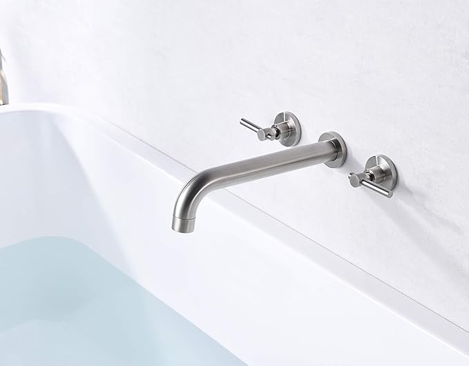 Wall Mount Tub Filler Faucet Brushed Nickel High Flow Bathtub Faucet Two Handles Solid Brass, Long Spout Reach, sumerain