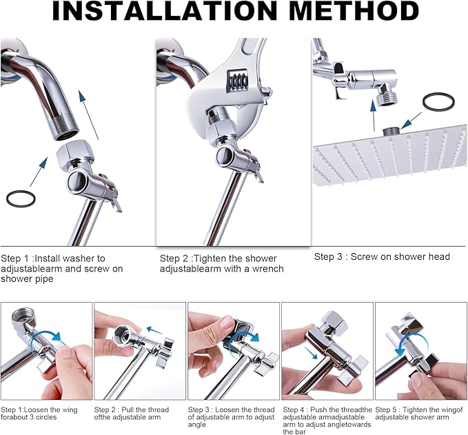 Heavy Duty Adjustable Shower Arm, 11" Brass Extension with Gear Lock Teeth & Swivel Nut, Strong Load Support, No Sagging, Keeps Shower Head Straight, Leak-Free, G1/2 Universal (Chrome)