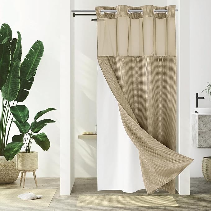 Gibelle Stall Small Shower Curtain 36x74, Waffle Weave Shower Curtain with Snap-in Fabric Liner Set, No Hooks Needed, Hotel Style with Mesh Top Window, Beige