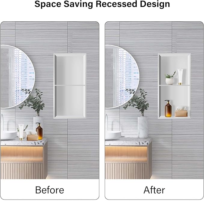 24" X 12" Stainless Steel Shower Niche Insert Tile Ready, Niche for Shower Wall, 2-Tier Recessed Shelves No Tile Needed for Bathroom Storage, White