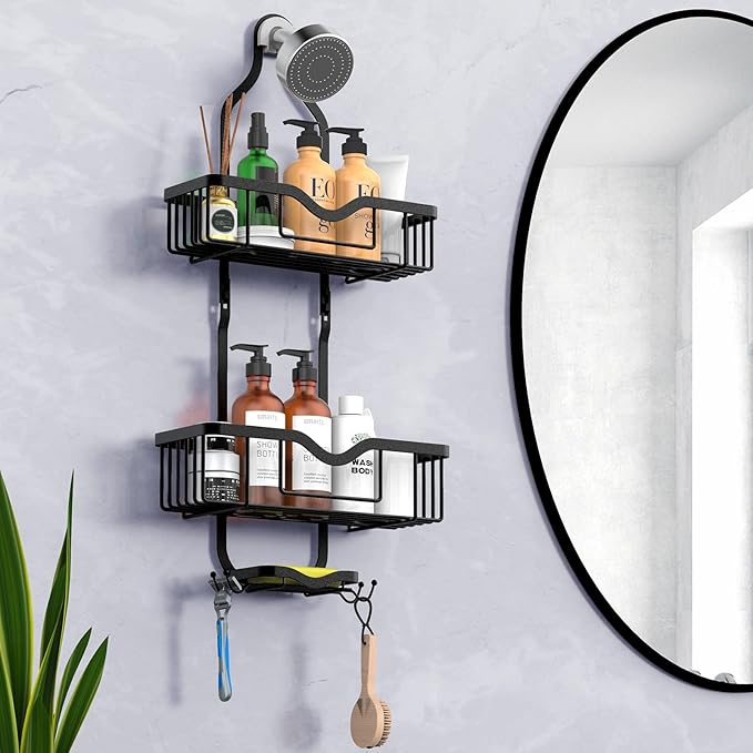 Kadolina Shower Caddy Hanging, Bathroom Organizer Rack, Shower Rack with Soap Dish, Over The Showerhead Caddy with Hooks for Razor/Sponge, Matte Black (Assembly Required)