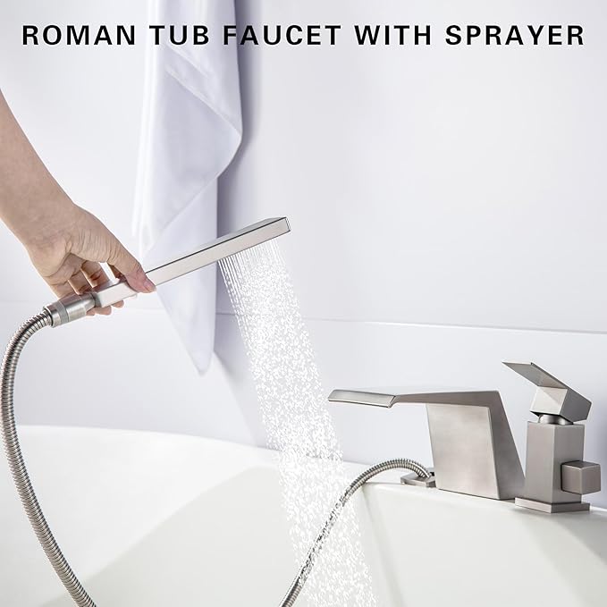 LIWEIKE Roman Tub Faucet with Sprayer Deck Mount Bathtub Faucet with Hand Shower for 3 Hole Waterfall Faucet with Hand Shower Brushed Nickel