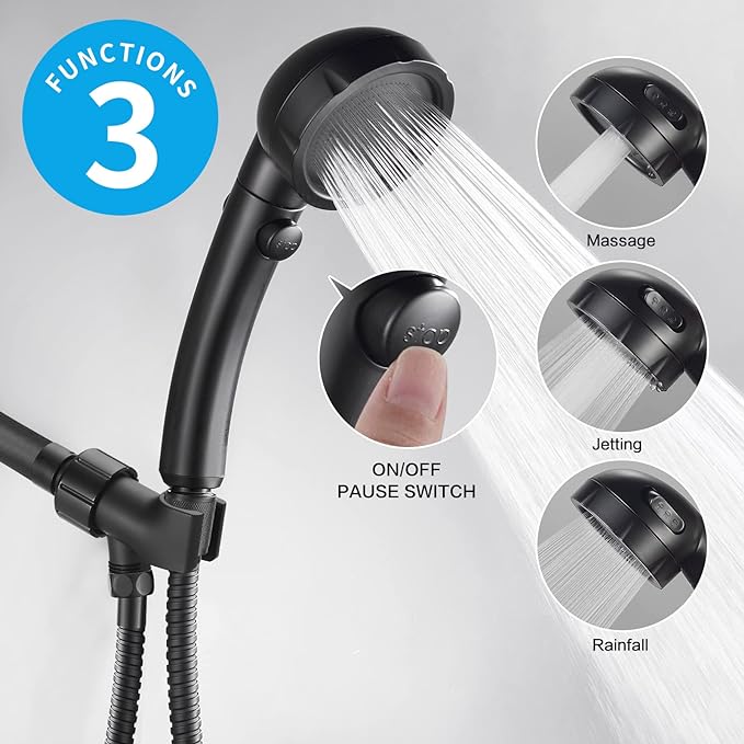 KAIYING High Pressure Handheld Shower Head with ON/OFF Pause Switch, 3 Spray Modes Shower Wand with Shut Off Button, Removable Camper Shower Head with Hose and Adjustable Angle Bracket (Black)