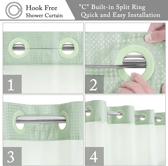 Gibelle No Hook Waffle Weave Shower Curtain with Snap-in Fabric Liner Set for Bathroom, Hotel Style with Mesh Top Window, Waterproof & Washable, Mint Green, 72x74