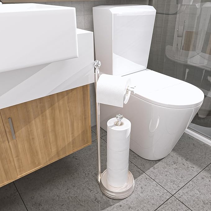 Toilet Paper Holder for Bathroom, Heavy Weighted Metal Free Standing Toilet Paper Holder Stand with Crystal Ball, Toilet Paper Roll Stand for Bathroom Accessories