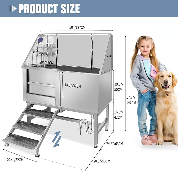 Stainless Steel Dog Cat Pet Grooming Bath Tub (w/Faucet, Sprayer, Shampoo Rack)