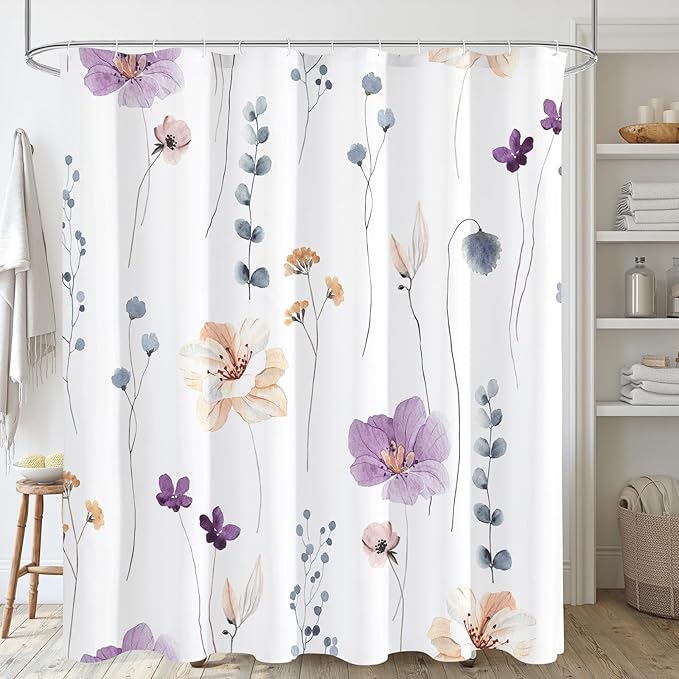 Gibelle Long Shower Curtain 72 x 78, Watercolor Floral Fabric Shower Curtain, Purple Beige Flower Decorative Bathroom Shower Curtain Set