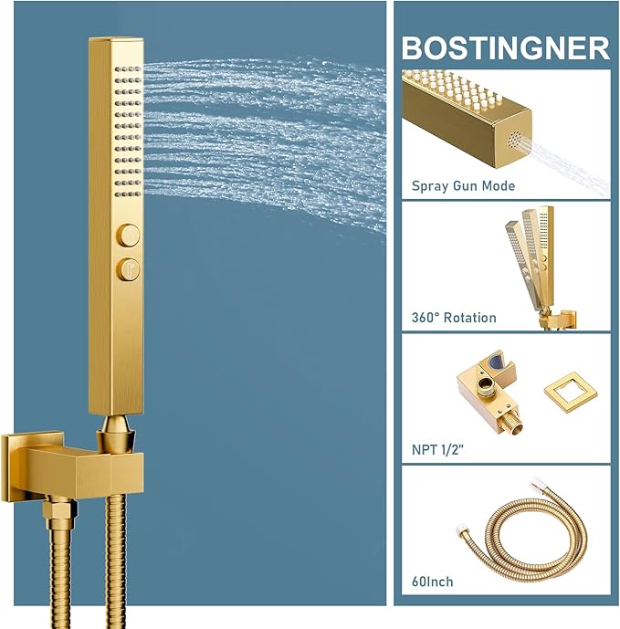 Shower System Brushed Gold Shower Faucets Sets, Bostingner 10" Rain Shower Head with 2 In 1 Handheld Spray and 4 Body Jets, Wall Mounted All Metal 3 Way Shower Set with Rough-in Valve and Trim Kit