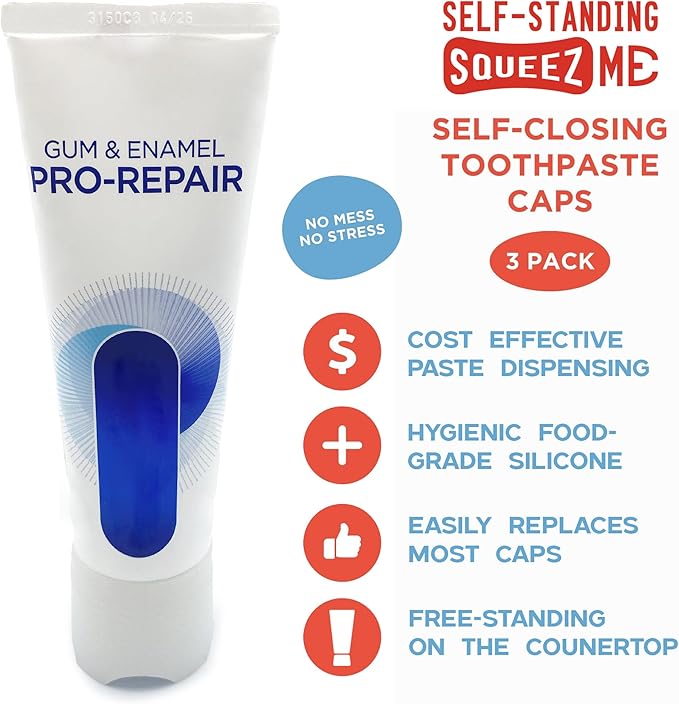 Chrome Cherry SqueezMe Self-Closing Toothpaste Caps, Silicone Lid for Kids & Adults, No Mess Toothpaste Dispenser, Easy Squeezer Cap for Tubes, Bathroom Accessory, Self-Standing Mix, Pack of 3