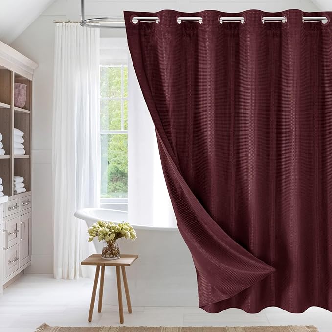 MitoVilla No Hooks Needed Burgundy Waffle Shower Curtain Liner Set, Modern Waffle Weave Heavy Duty Fabric Cloth Shower Curtain with Snap-in Liner for Luxury Neutral Hotel Spa Bathroom Decor