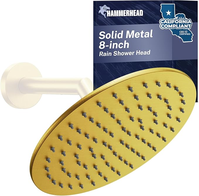 HammerHead Showers Solid Metal Round 8 Inch Rainfall Shower Head, High Flow Shower Head Optimized for Pressure, Brushed Gold, 1.75 GPM