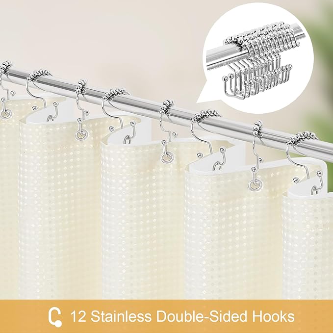3 in 1 Stall Half Size Cream Shower Curtain Set-36 W x 72 H, Ivory Waffle Waterproof Fabric and PEVA Liner Set with Stainless Steel Hooks