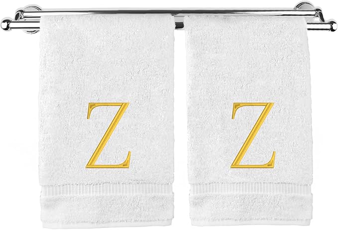 Monogrammed Hand Towel, Personalized Initial Gift, Extra Absorbent 100% Turkish Cotton - Soft Terry Finish - Set of 2 - Gold Block Initial Z - Embroidered on White Towels