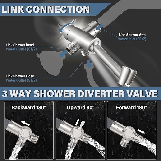 All Metal Shower Diverter Valve with Handshower Holder, YDmeet Upgraded 3 Way Shower Head Diverter for Handheld and Fixed Rain Showerhead, Universal G1/2 shower Diverter Bathroom Part, Brushed Nickel