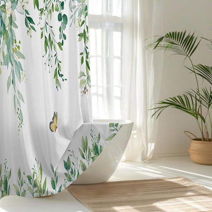 No Hook Shower Curtain and Liner Set, Light Green Eucalyptus Floral Shower Curtains for Bathroom, Bath Curtain Sets with Snap in Liner, Waterproof with See Through Top Window, 71x74 Inches