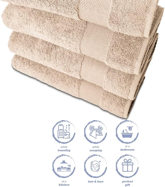 Hencely Premium Bath Towel Set of 4-28x 58 inches Soft Turkish Cotton Absorbent and Quick Dry Large Bathroom Towels Ideal for Home, Hotel, Spa, and Gym - Beige