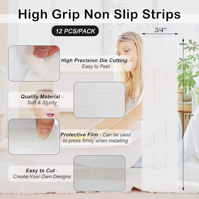 S&X Non-Slip Stickers for Bathtubs & Showers 24-Pack Waterproof Safety Strips, 3/4" x 11" - Fine Grit Grip for Anti-Skid Protection - Clear Adhesive Safety for Shower and Tub