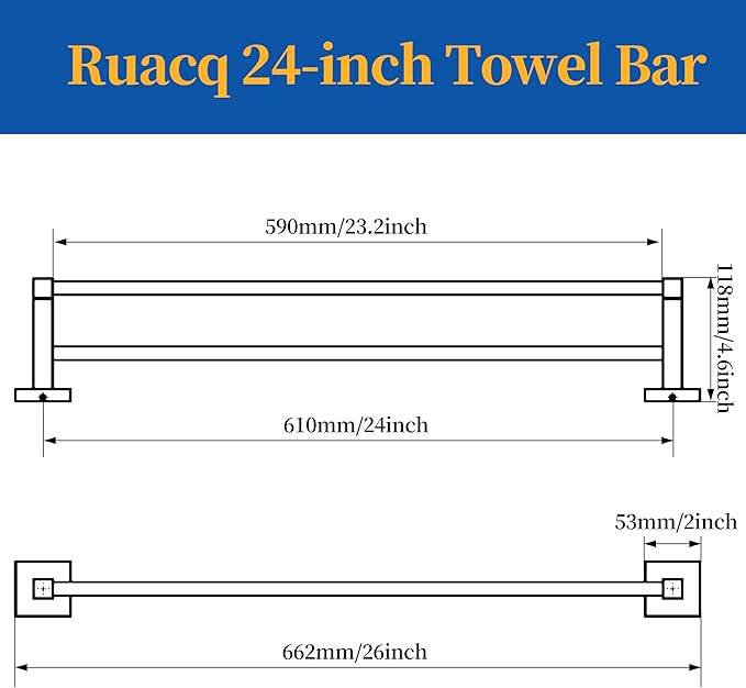 RUACQ Double Towel Bar, 24 Inch Bath Towel Rack for Bathroom, Square Base Hand Towel Holder, 304 Stainless Steel Towel Hanger Wall Mounted,Heavy Duty(Chrome)