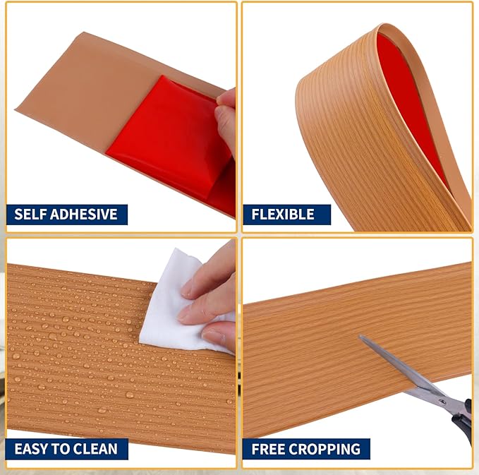 Flexible Baseboard Molding Trim 4 Inch Self-Adhesive Vinyl Wall Base Peel and Stick Cove Base Rubber Wall Baseboard Moulding Trim (40Ft, Yellow Oak)