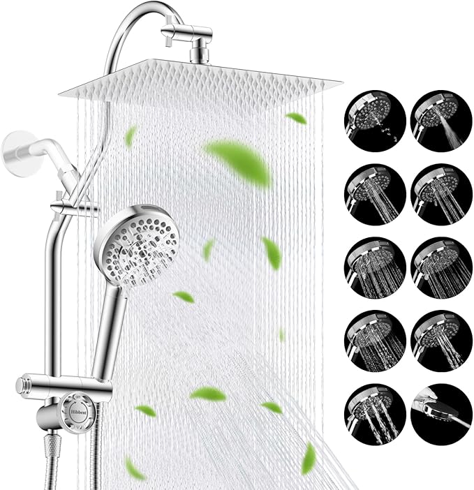 Hibbent cUPC Certified All Metal 12" Rainfall Showerhead Combo, High Pressure Shower Head with 10-Spray Mode Handheld, Innovative 4-way Diverter with Pause Mode, 71'' Shower Hose and Holder, Chrome