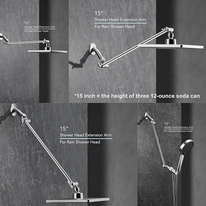 15 Inch Extra Long Adjustable Shower Head Extension Arm With Locking Set Screw, Singing Rain Brass Chrome Angle Height Adjustable, Easy To Install, G1/2 Universal Connector Compatible (Chrome Finish)