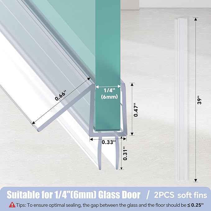 2-Pack Shower Door Bottom Seal, (1/4" x 39") Ultra Clear Shower Door Seal Dtrip, Stop Shower Leaks and Create A Water Barrier