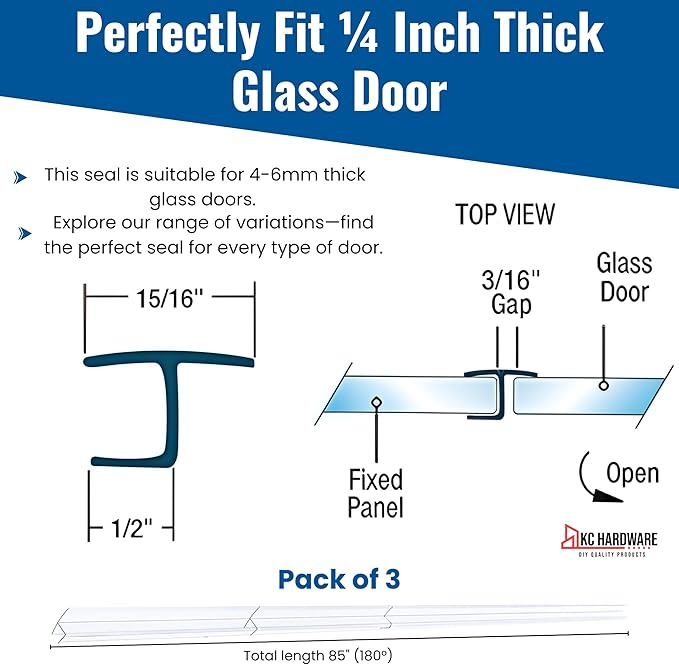 KC Hardware 85 Inch Frameless Shower Door Side Seal Strip, H-Type Glass Shower Door Seal Strip (180 Degree) for 1/4 Inch(4-6mm) Thick Glass, Water Guard That Prevents leaks, Ultra Clear (Pack of 3)