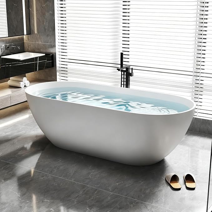 59 Inch Solid Surface Freestanding Bathtub, Oval Shaped Soaking Stone Resin Bath Tub with Brushed Overflow and Drain, Matte White Stand Alone Bathtub, cUPC Certified