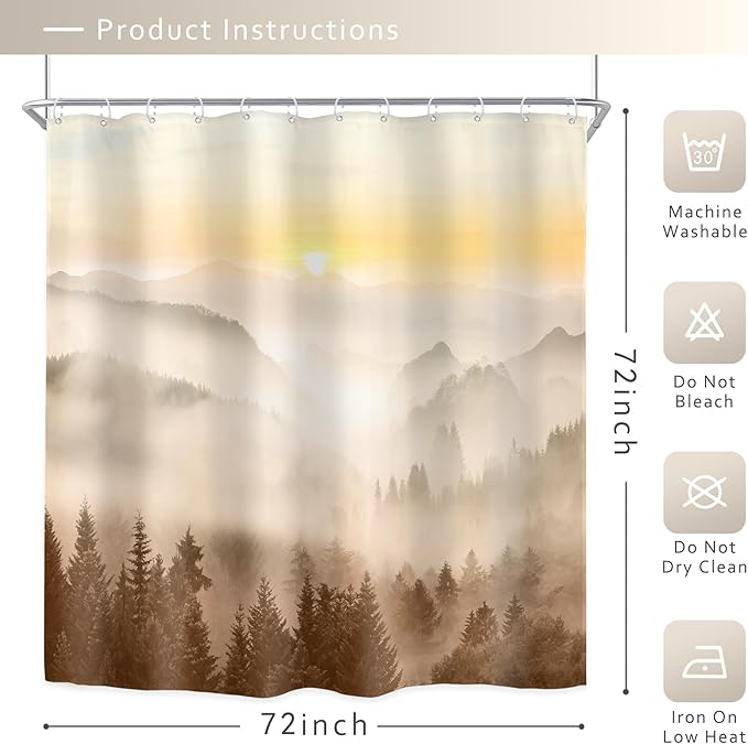 Riyidecor Misty Mountain Shower Curtain 72Wx72H Inch Brown Sunrise Nature Scenery Foggy Pine Tree Woodland Modern Natural Landscape Men Cool Bathroom Decor Fabric Polyester Waterproof 12 Pack Hooks