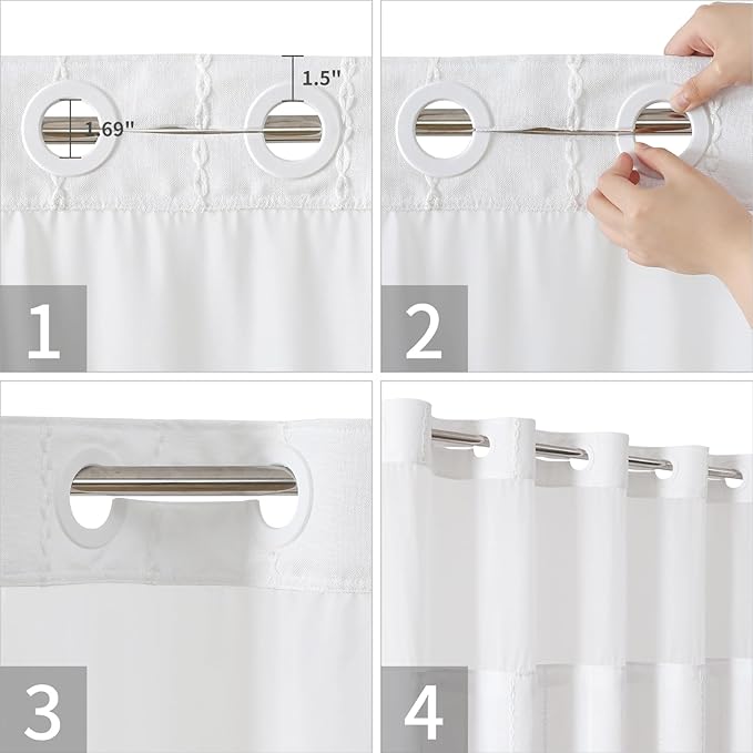 No Hook Long Shower Curtain Set with Snap-in Fabric Liner,Linen Ultra Thick Fabric with Tassels,Boho Chic Modern Farmhouse Country Neutral Cloth Shower Curtains for Bathroom,White,71x80