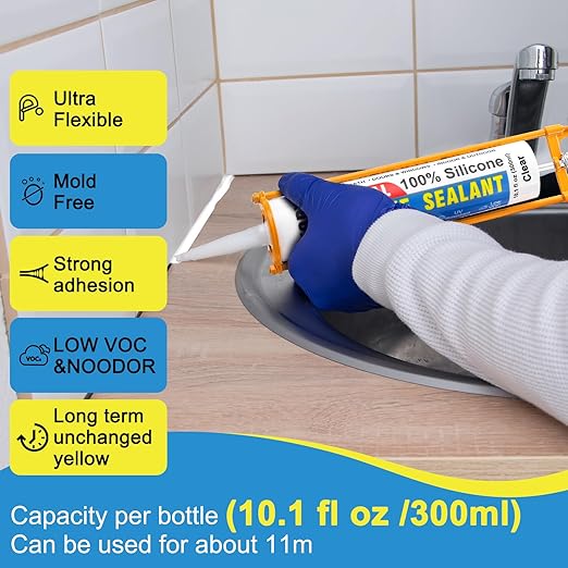 Silicone Caulk & Sealant White, 10 Pack - 100% Waterproof Silicone Sealant, Silicone Caulking for Kitchen and Bathroom, Toilet, Sink, Window ＆ Door Use, Shrink & Crack Proof (10.1 FL.OZ/300ml)